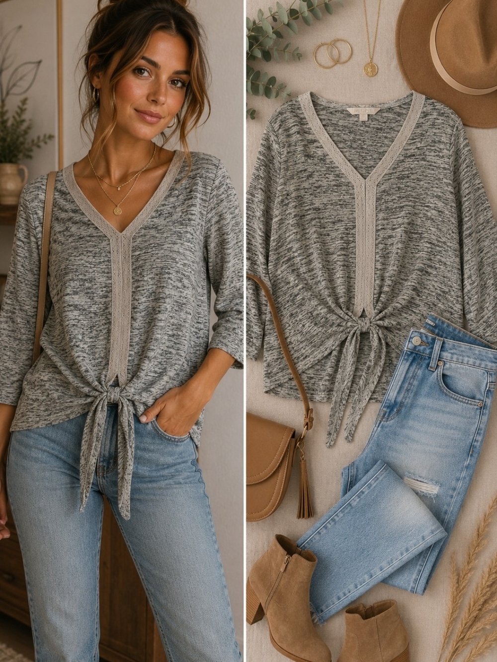 Hope & Harlow Gray Marled Tie Front Knit Top Small 3/4 Sleeve Casual Boho
